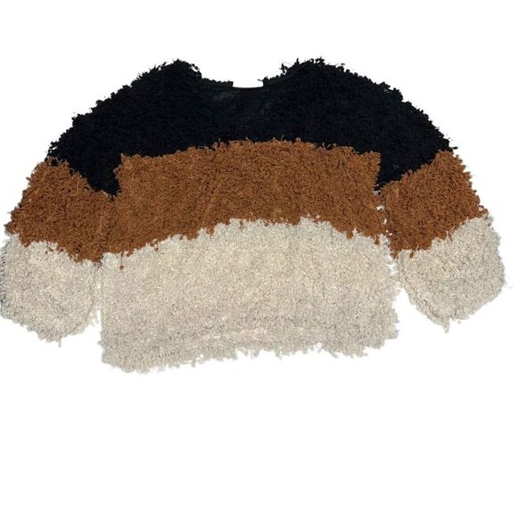 Everyday Chic Boutique Sweater Popcorn Knit Color Block Black Brown Ivory Large - Picture 1 of 13